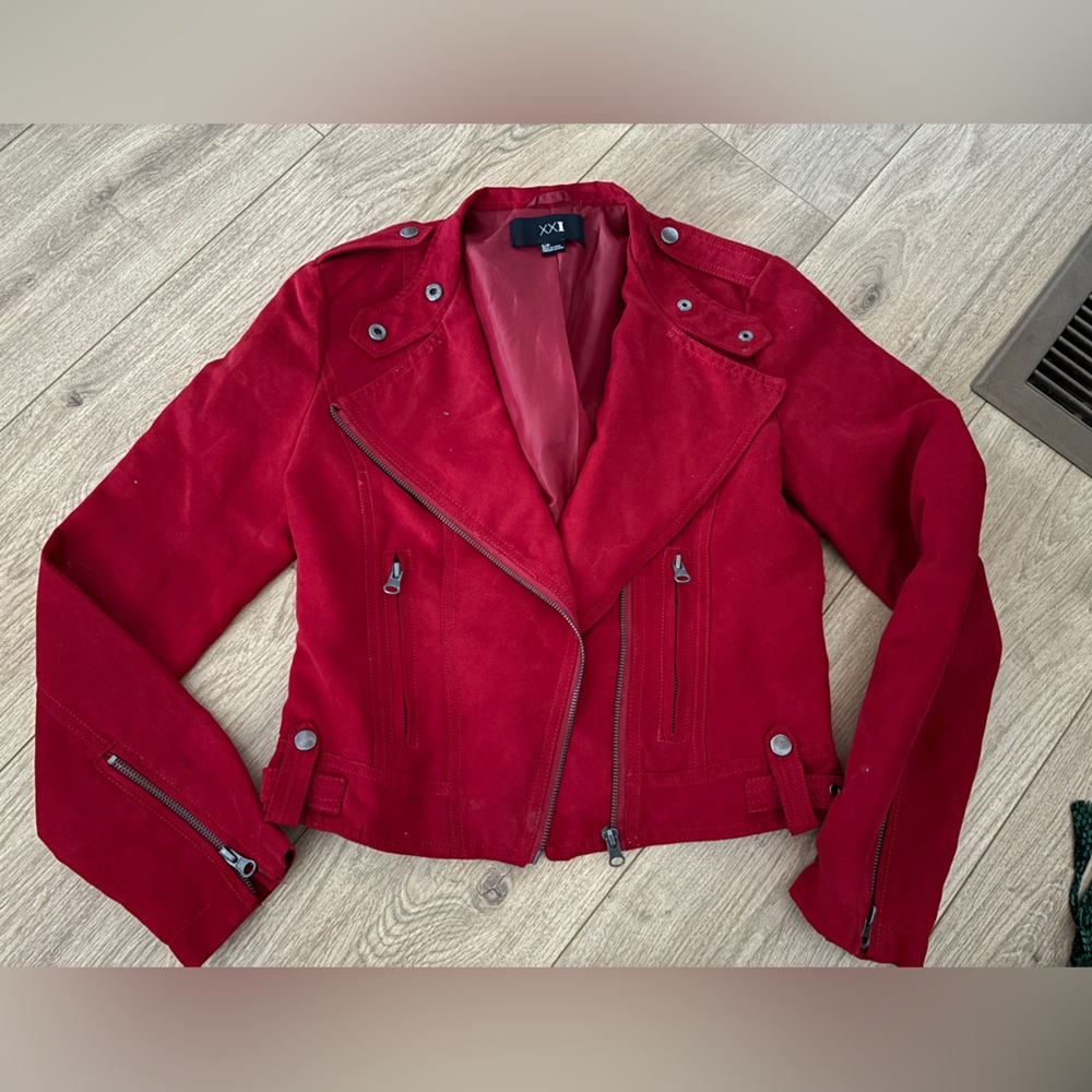 Red Suede-Like Moto Jacket
